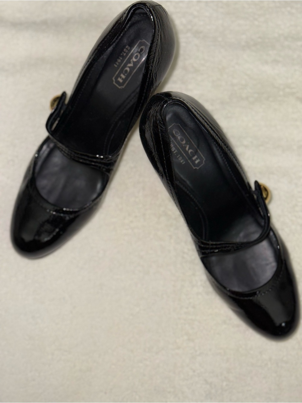 Coach Black Patent Mary Jane Heels with Gold Buckle Accent